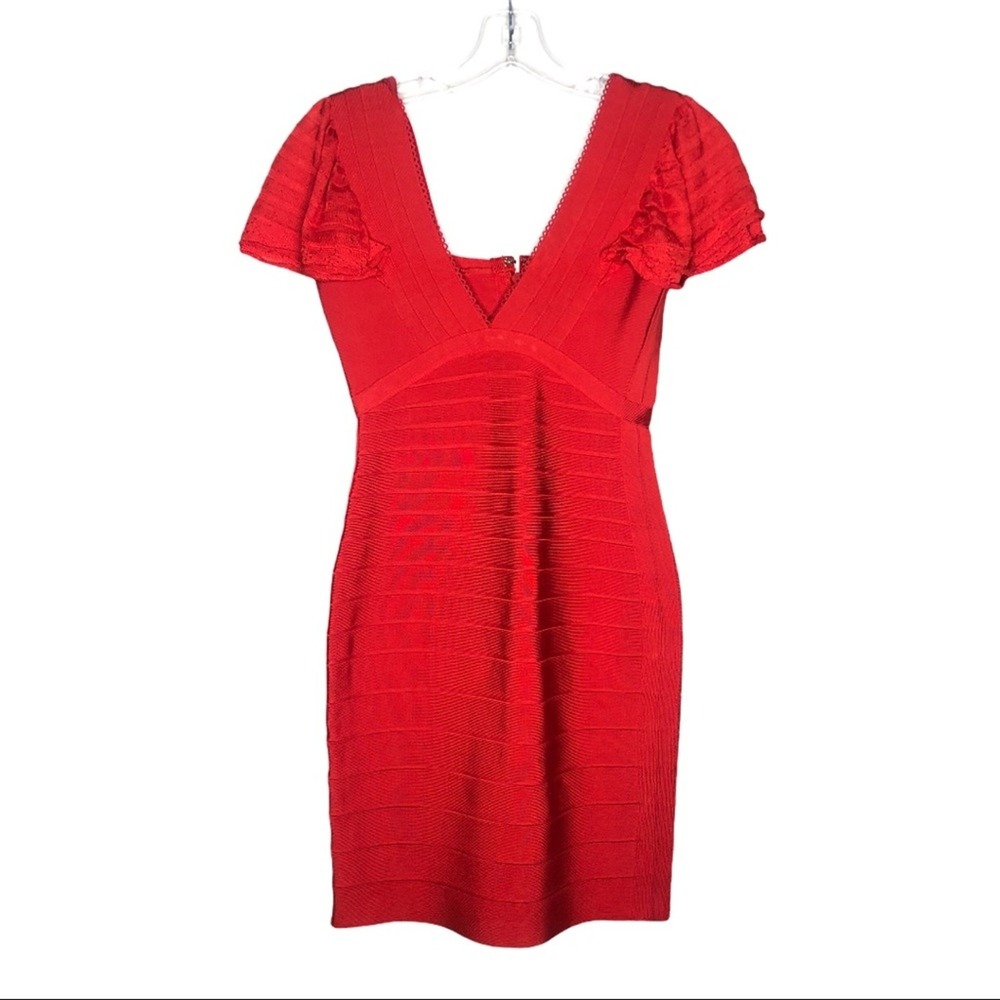 Herve Leger Red Bandage Bodycon Dress V-Neck Flutter Sleeve HO16G793 Small
